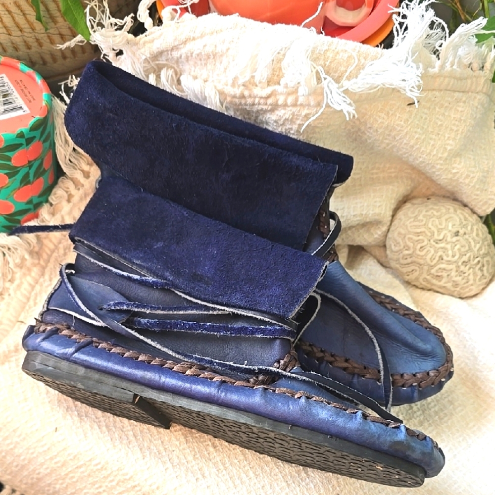 Hand Made Blue Leather Muk Luk Moccasin Booties Shoes Womens Sz 8